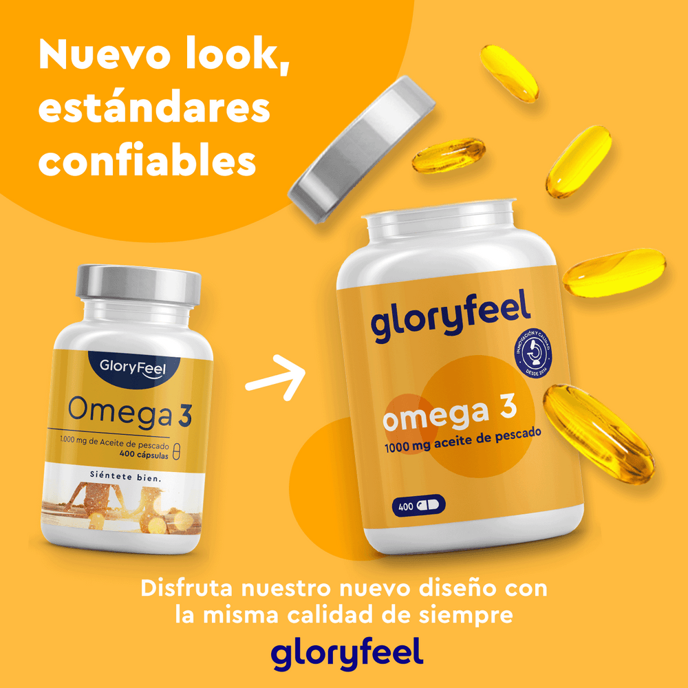 Dos frascos de Omega 3 en cápsulas de GloryFeel GmbH (España) presentan un nuevo y elegante envase en español, que destaca su fiabilidad y calidad. Las cápsulas doradas de ácidos grasos, distribuidas por todas partes, le dan un toque de lujo.