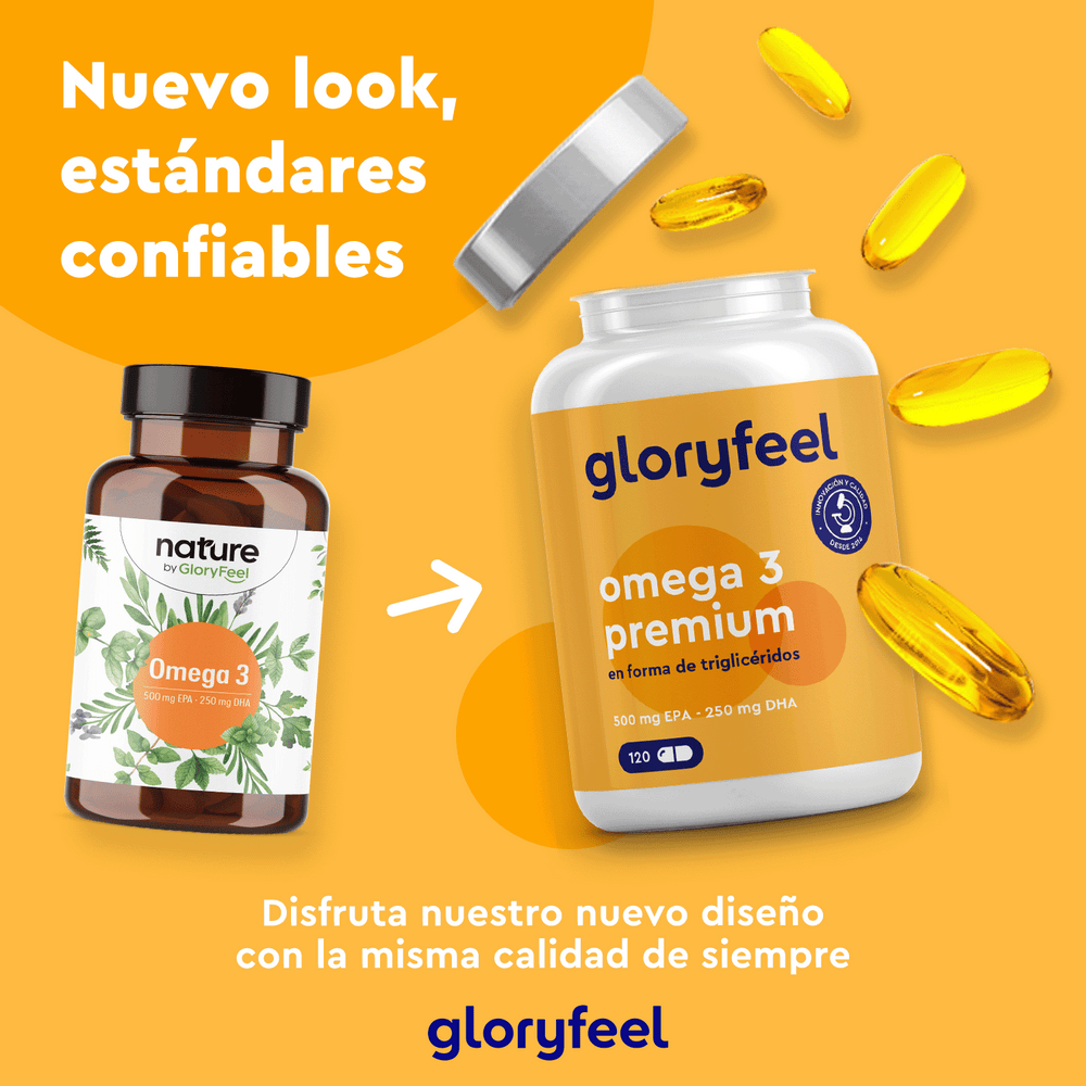 Dos botellas de Omega 3 en forma de triglicéridos de GloryFeel GmbH España sobre fondo amarillo. Texto: &quot;Nuevo look, estándares confiables&quot; y &quot;Disfruta nuestro nuevo diseño con la misma calidad de siempre, enriquecidos con DHA y EPA.