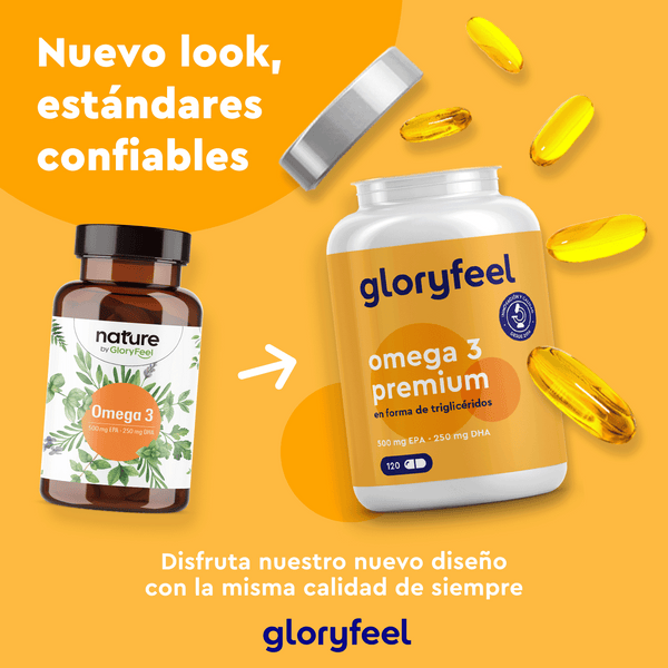 Dos botellas de Omega 3 en forma de triglicéridos de GloryFeel GmbH España sobre fondo amarillo. Texto: &quot;Nuevo look, estándares confiables&quot; y &quot;Disfruta nuestro nuevo diseño con la misma calidad de siempre, enriquecidos con DHA y EPA.
