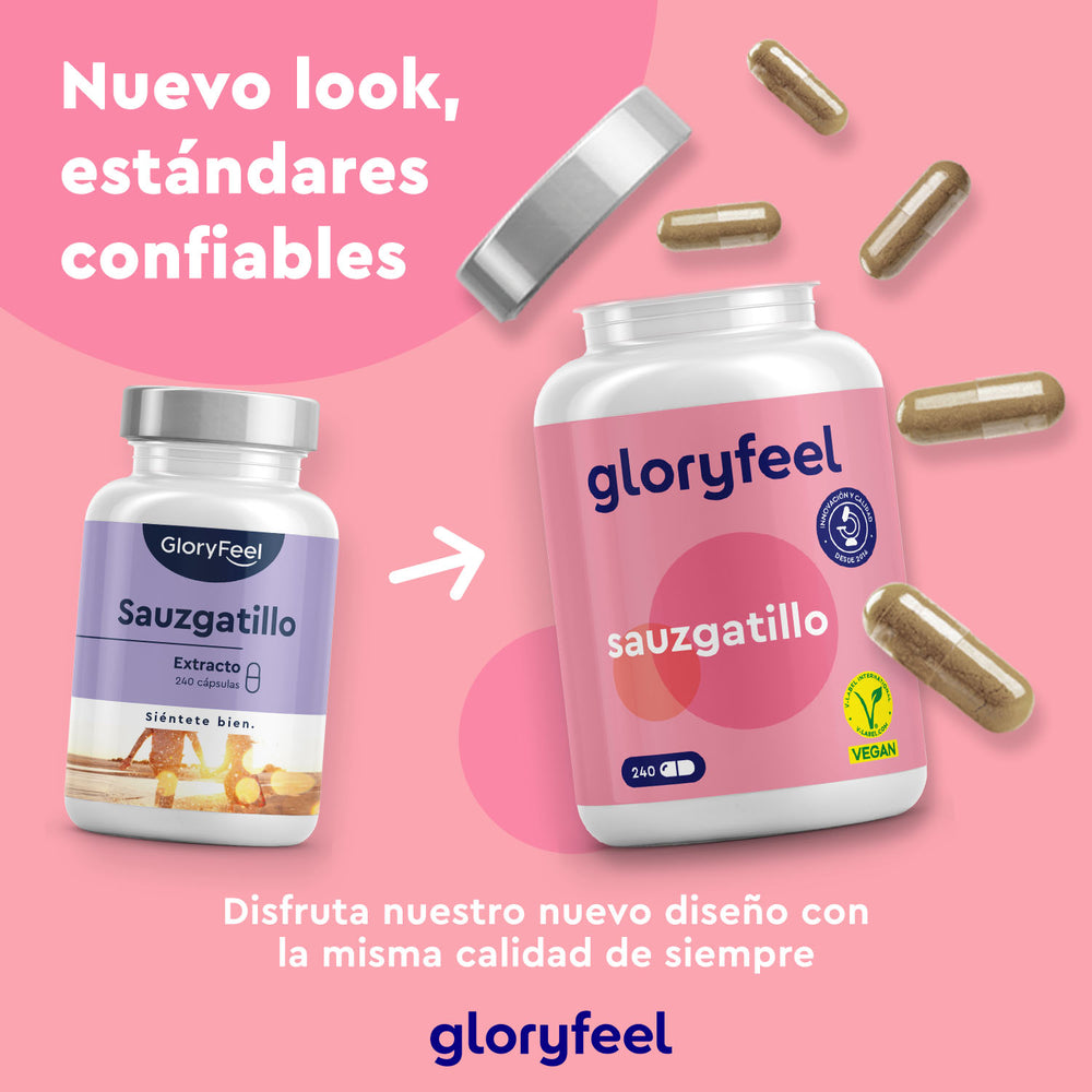 Dos frascos de &quot;Sauzgatillo en cápsulas&quot; de GloryFeel GmbH España, con Vitex agnus-castus para el equilibrio hormonal, se presentan con diferentes diseños. Las cápsulas están distribuidas con texto en español que realza su nueva imagen y su calidad constante.