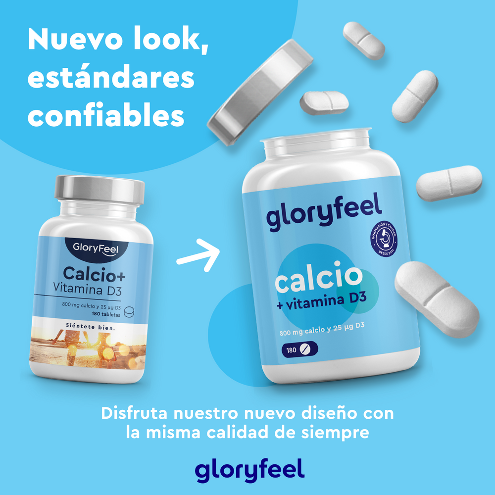 Dos frascos de Calcio + Vitamina D3 de Gloryfeel GmbH, uno grande y otro pequeño, se muestran sobre un fondo azul con cápsulas dispersas. Un texto en español destaca el nuevo diseño del producto.