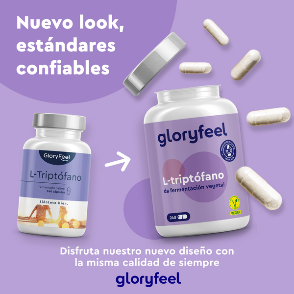 Dos frascos de cápsulas de L-Triptófano de GloryFeel GmbH España, uno abierto con las cápsulas desparramadas, se presentan sobre un vibrante fondo morado. El texto en español destaca el nuevo diseño y los estándares de calidad, destacando la sinergia entre el L-Triptófano y la serotonina para un bienestar óptimo.