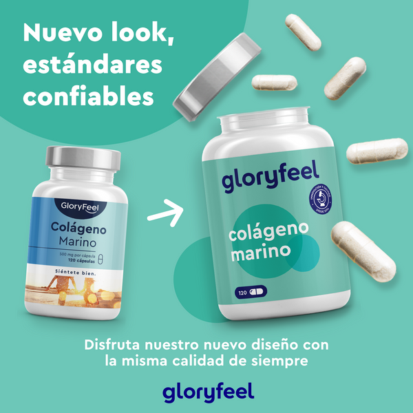 Dos botellas de Colageno Marino Hidrolizado de GloryFeel, una más pequeña &quot;silente bien&quot; y otra más grande, con cápsulas flotantes cerca. El texto dice: &quot;Nuevo look con péptidos de colágeno, estándares confiables.