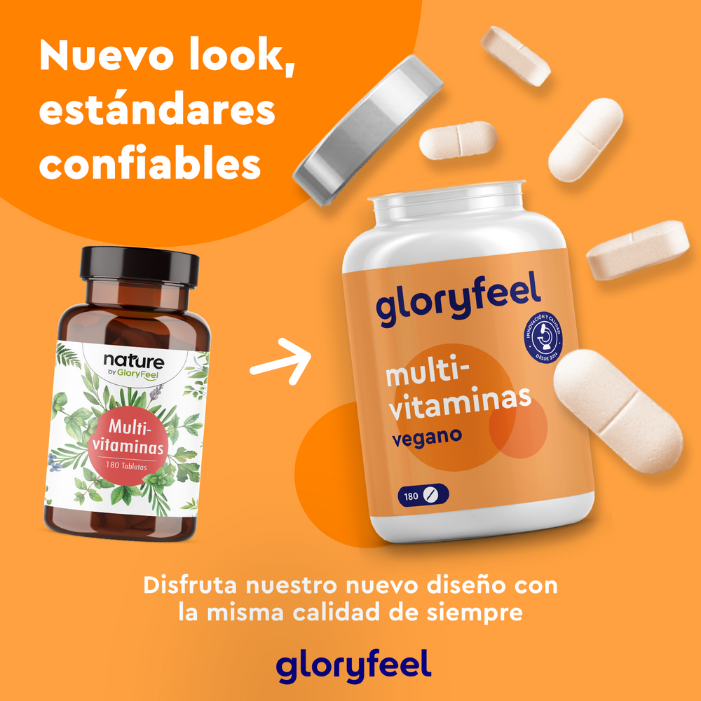Dos frascos de multivitaminas de Nature y GloryFeel GmbH España presentan una nueva imagen con estándares de calidad. Estas multivitaminas veganas en tabletas son ricas en vitaminas esenciales para contribuir a tu bienestar.
