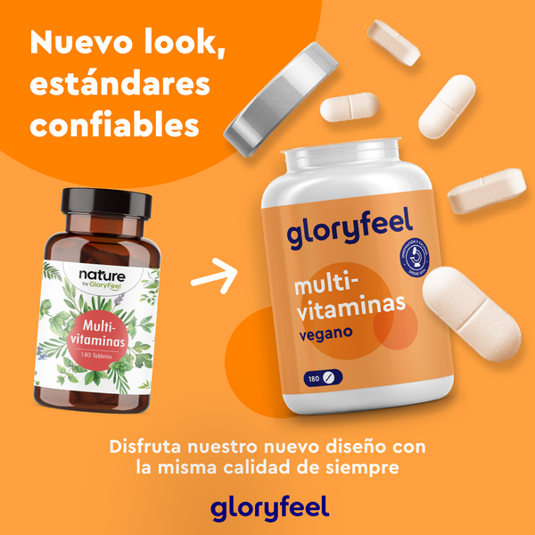 Dos frascos de multivitaminas de Nature y GloryFeel GmbH España presentan una nueva imagen con estándares de calidad. Estas multivitaminas veganas en tabletas son ricas en vitaminas esenciales para contribuir a tu bienestar.