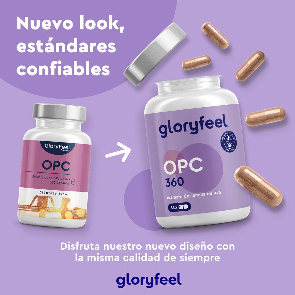 Dos frascos de extracto de semilla de uva OPC de Gloryfeel GmbH (360 cápsulas), con una nueva etiqueta sobre fondo morado y cápsulas alrededor. El texto en español resalta su aspecto fresco, calidad confiable y potentes beneficios antioxidantes.