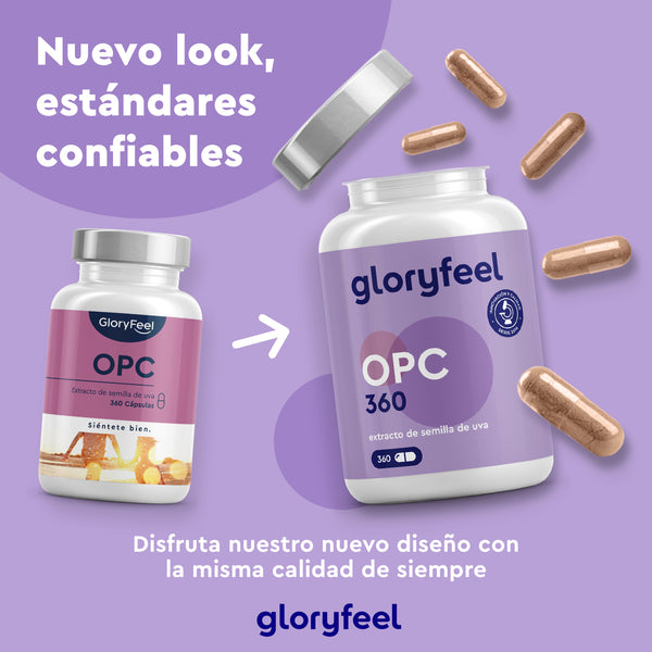 Dos frascos de extracto de semilla de uva OPC de Gloryfeel GmbH (360 cápsulas), con una nueva etiqueta sobre fondo morado y cápsulas alrededor. El texto en español resalta su aspecto fresco, calidad confiable y potentes beneficios antioxidantes.