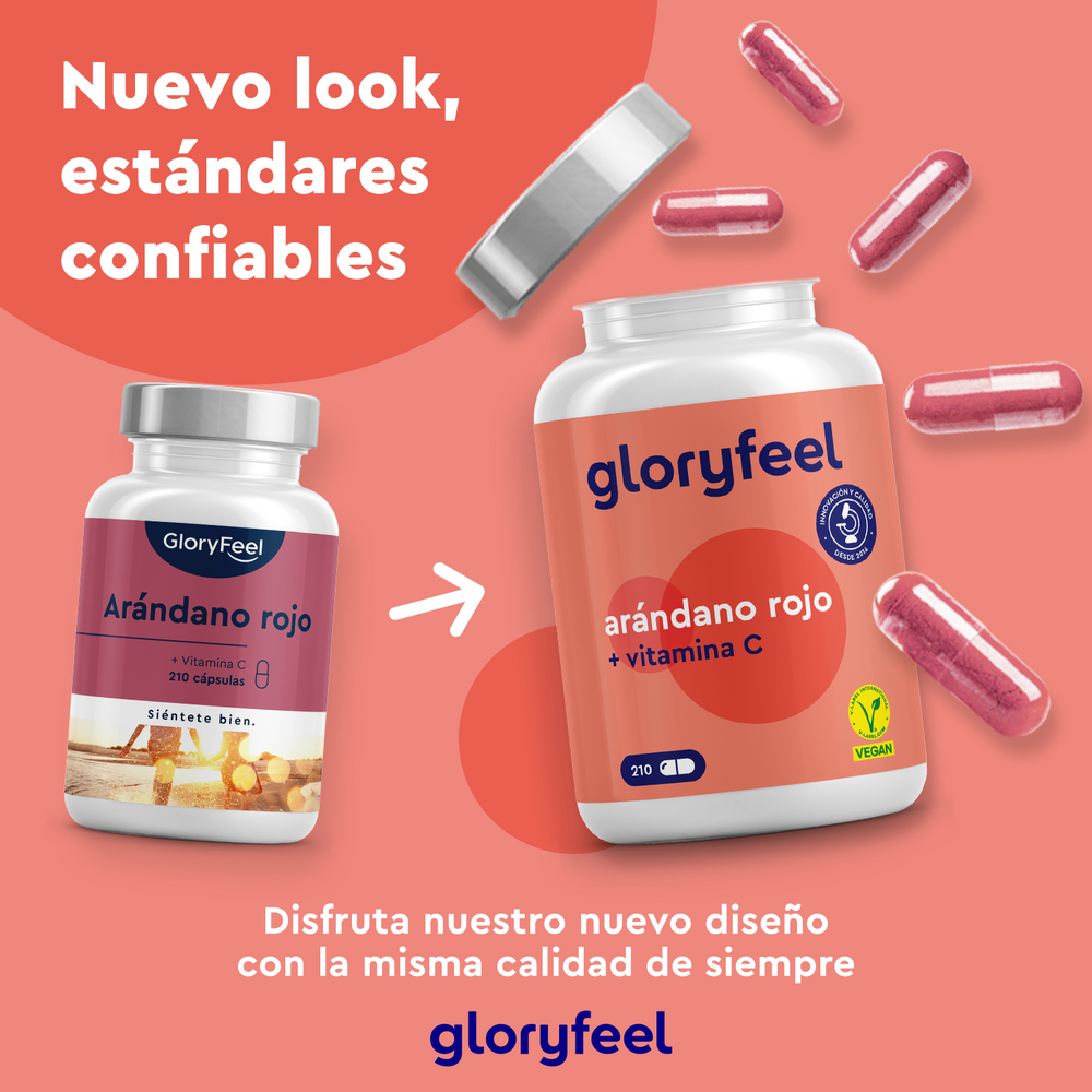 Dos frascos de cápsulas Gloryfeel GmbH Arándano Rojo + Vitamina C presentan un envase nuevo y uno antiguo. El texto en español destaca el diseño actualizado y la prevención continua de infecciones urinarias con beneficios comprobados.