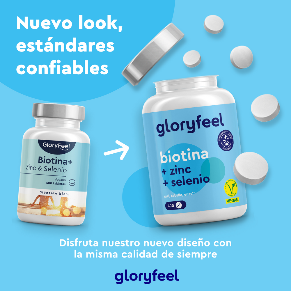 Dos frascos de suplementos distintos, etiquetados como &quot;Biotina en tabletas&quot; de GloryFeel GmbH España, están rodeados de pastillas dispersas sobre un fondo azul. El texto, que enfatiza la salud capilar, resalta la nueva imagen y garantiza la calidad constante de estos suplementos alimenticios.