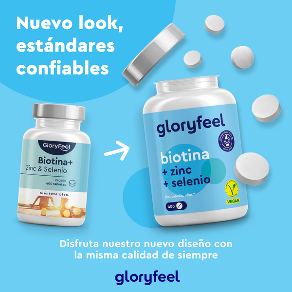 Dos frascos de suplementos distintos, etiquetados como &quot;Biotina en tabletas&quot; de GloryFeel GmbH España, están rodeados de pastillas dispersas sobre un fondo azul. El texto, que enfatiza la salud capilar, resalta la nueva imagen y garantiza la calidad constante de estos suplementos alimenticios.