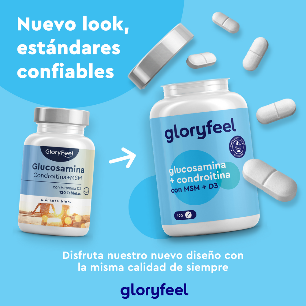 Dos frascos del suplemento GloryFeel destacan la antigua glucosamina condroitina + MSM frente a la nueva glucosamina + condroitina + MSM + calcio y vitamina D3, con azufre orgánico. El texto en español presenta esta actualización del producto de GloryFeel GmbH España.