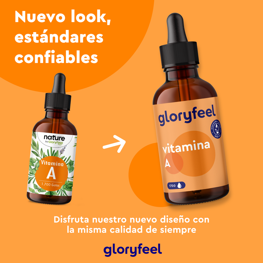 Se presentan dos frascos de &quot;Vitamina A en gotas&quot; de GloryFeel GmbH España con un nuevo y elegante diseño. El texto en español realza su aspecto renovado, manteniendo la misma calidad, y está enriquecido con palmitato de retinilo para obtener mayores beneficios.