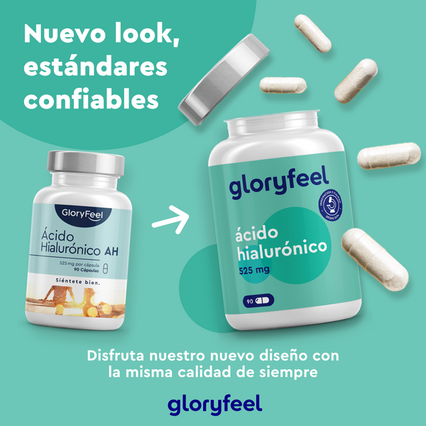Rodeadas de cápsulas, dos botellas de Ácido hialurónico Intensivo en cápsulas de GloryFeel GmbH de España presentan un nuevo diseño elegante y estándares confiables, perfectos para estimular las articulaciones sanas y lograr una piel firme.