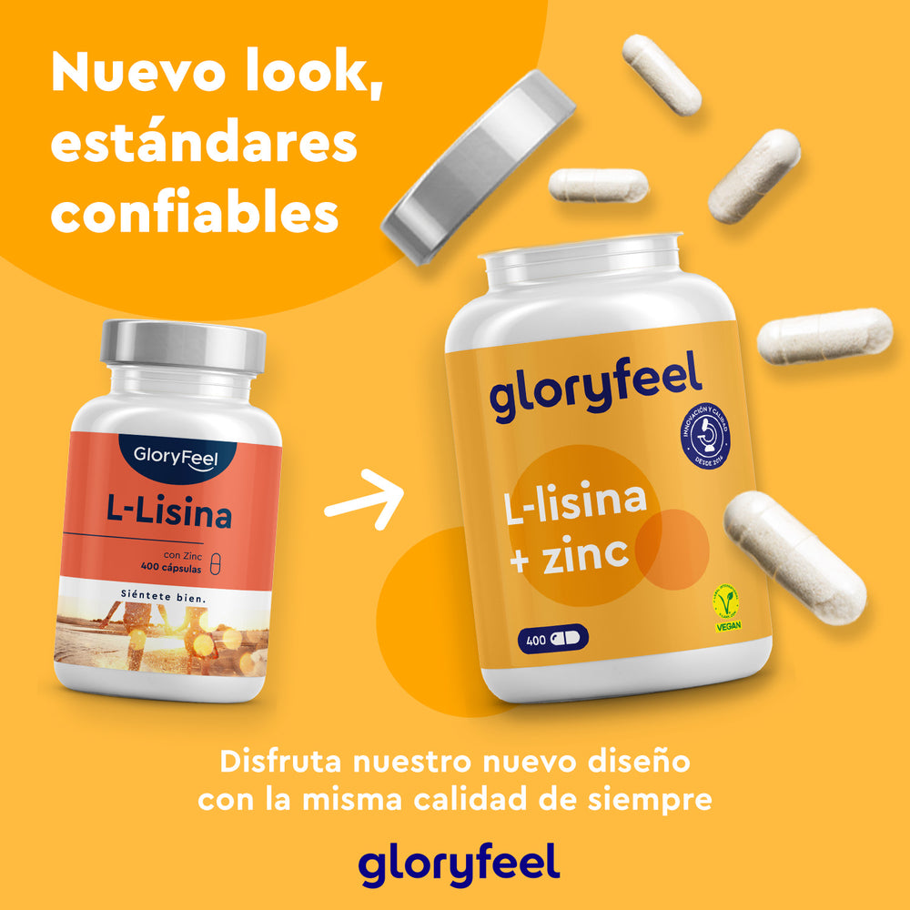 Dos frascos de &quot;L-Lisina&quot; y &quot;L-Lisina con zinc&quot; de Gloryfeel GmbH se presentan sobre un fondo naranja con cápsulas. El nuevo envase es más atractivo, y el texto en español enfatiza su papel en el apoyo al sistema inmunitario.