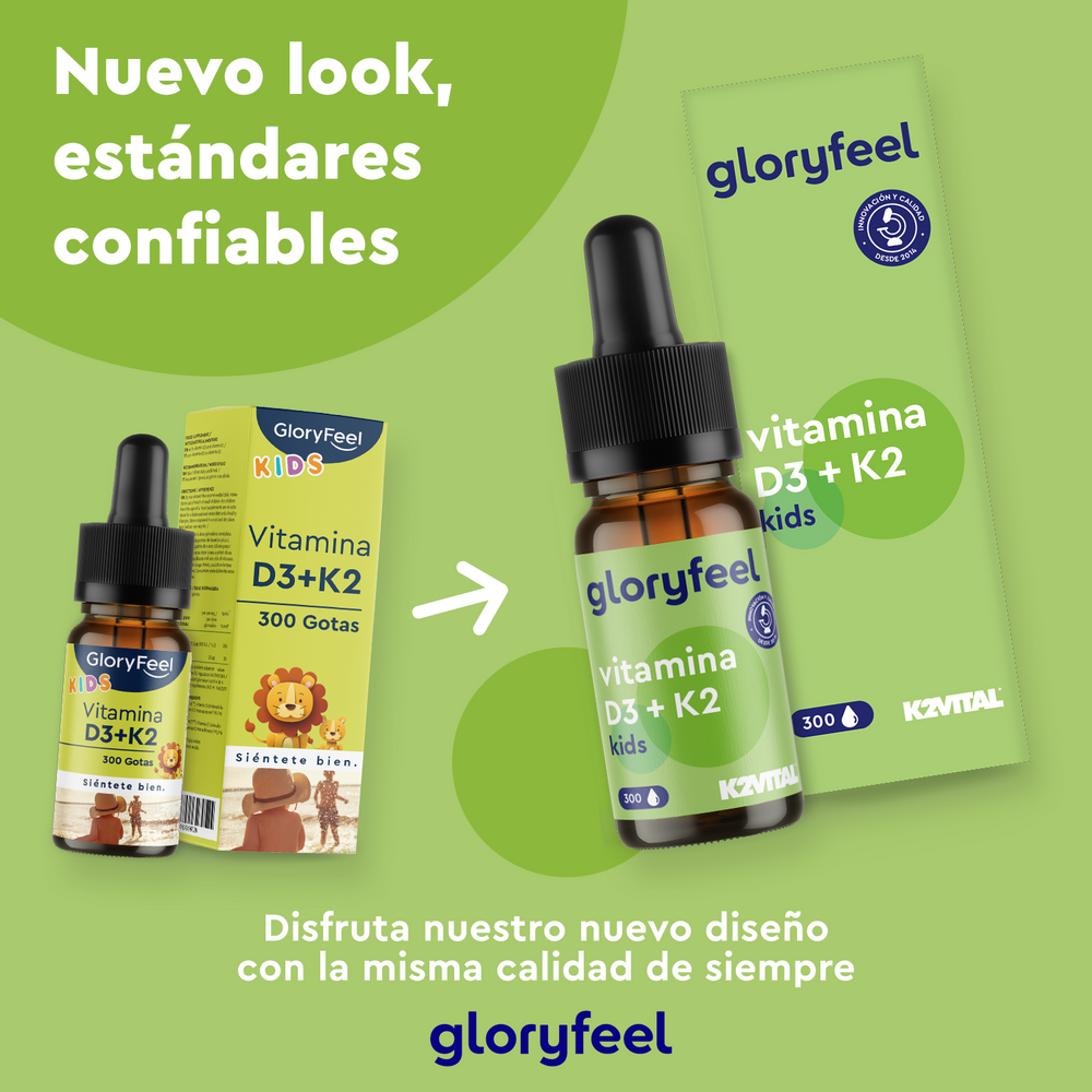Imagen promocional de Vitamina D3 + K2 para Niños en Gotas de Gloryfeel GmbH, que presenta un empaque original y nuevo con texto en español que enfatiza los estándares de confiabilidad del producto.