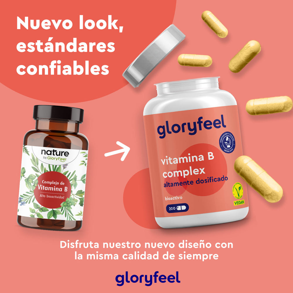 Se muestran dos frascos de suplementos vitamínicos: uno de vidrio antiguo a la izquierda y uno de plástico nuevo a la derecha. El texto destaca el diseño innovador del Vitamina B Complex Forte de GloryFeel GmbH España, que contiene vitamina B y antioxidantes con la misma calidad de confianza.