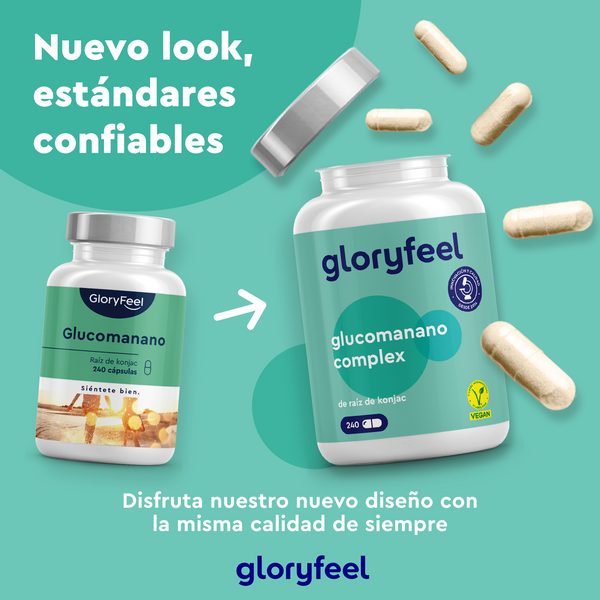 Gloryfeel GmbH presenta un diseño moderno para el envase de sus suplementos, con cápsulas de Glucomanano - Raíz de Konjac y un frasco más grande del Complejo de Glucomanano. El texto en español destaca nuestro compromiso con la fiabilidad.