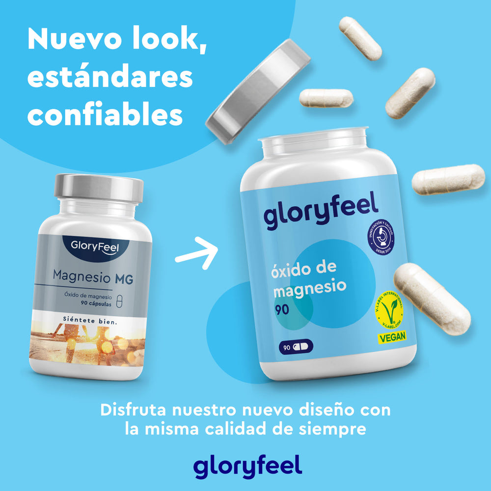 Dos botellas de Magnesio 90 Cápsulas Veganas de Gloryfeel GmbH se destacan sobre un fondo azul. Un texto en español promociona el nuevo diseño, garantizando su calidad comprobada.