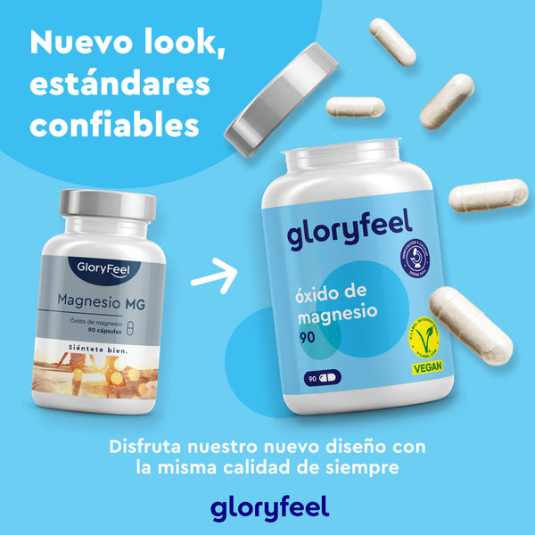 Dos botellas de Magnesio 90 Cápsulas Veganas de Gloryfeel GmbH se destacan sobre un fondo azul. Un texto en español promociona el nuevo diseño, garantizando su calidad comprobada.