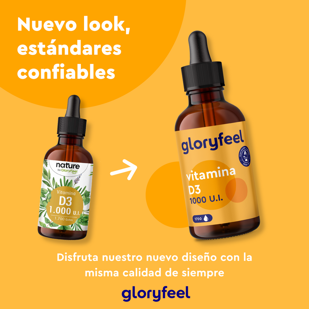Nuevo look, mismos estándares confiables para tu salud ósea e inmunológica. Disfruta nuestro rediseño de Vitamina D3 en gotas - 1000 U.I. de Gloryfeel GmbH.