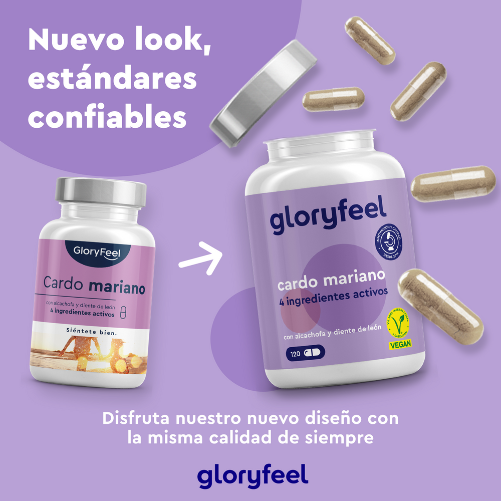 Dos frascos de «Cardo mariano en cápsulas» de GloryFeel GmbH España presentan un nuevo y elegante diseño. El frasco más grande está rodeado de cápsulas y el texto en español destaca su apoyo para las funciones hepáticas.