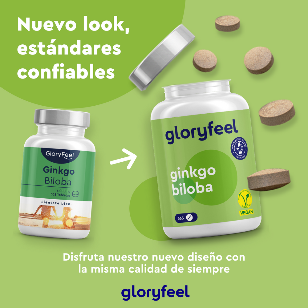 Se muestran dos frascos de Ginkgo Biloba de GloryFeel GmbH España: el diseño antiguo a la izquierda y el nuevo a la derecha. Detrás de ellos se encuentran comprimidos sueltos, con un texto en español que destaca sus raíces en la medicina tradicional china.