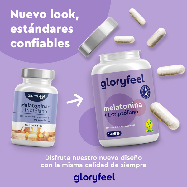 Se exhiben dos frascos de suplementos GloryFeel Melatonina + Triptófano con pastillas cerca, mostrando el diseño actualizado del envase. Texto: &quot;Nuevo look, estándares confiables&quot;.