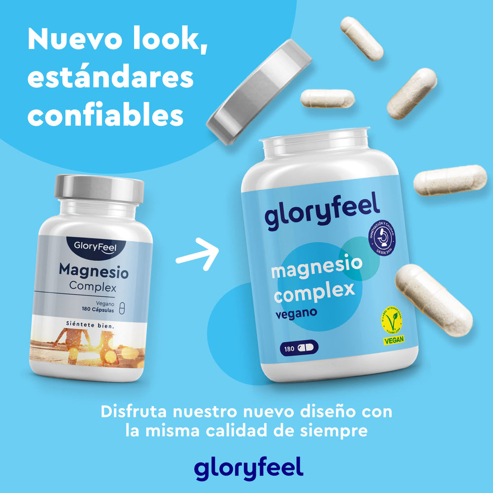 Dos frascos de Magnesio Complex de Gloryfeel GmbH, con el diseño antiguo a la izquierda y el nuevo a la derecha, con pastillas dispersas que destacan los beneficios del magnesio para el sistema nervioso. El texto destaca su aspecto fresco y sus estándares de calidad con una rápida absorción.