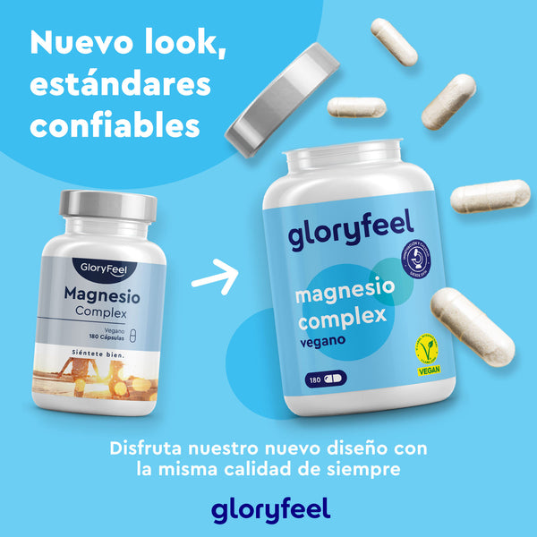 Dos frascos de Magnesio Complex de Gloryfeel GmbH, con el diseño antiguo a la izquierda y el nuevo a la derecha, con pastillas dispersas que destacan los beneficios del magnesio para el sistema nervioso. El texto destaca su aspecto fresco y sus estándares de calidad con una rápida absorción.