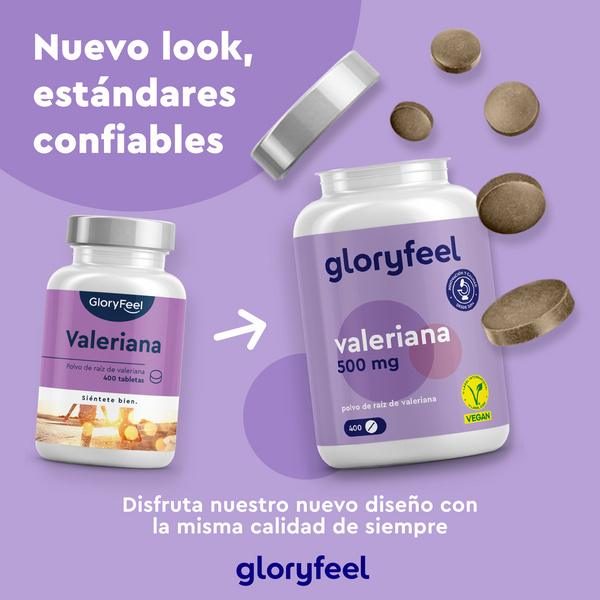 Dos productos de Gloryfeel GmbH: Valeriana en tabletas con 400 comprimidos y un sedante vegetal en polvo de 500 mg, ambos con un nuevo diseño morado. Destacan su aspecto fresco, calidad confiable y beneficios para el sistema nervioso central.