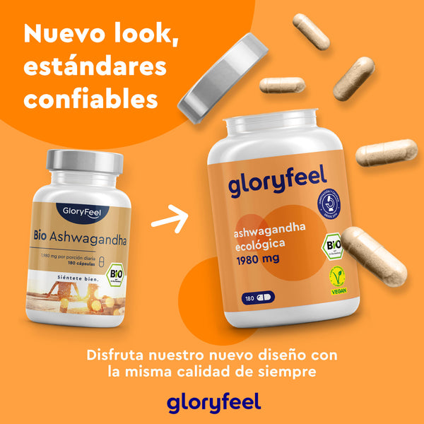 Dos botellas de GloryFeel Ashwagandha ecológica en cápsulas se asientan sobre un fondo naranja. Texto: &quot;Nuevo look, estándares confiables inspirados en Ayurveda.
