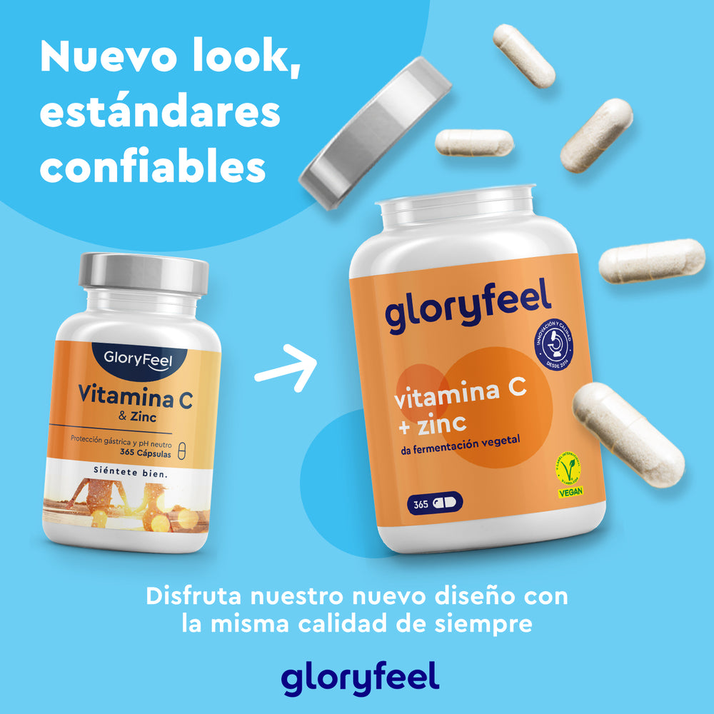 Dos frascos del producto &quot;Vitamina C + Zinc&quot; de GloryFeel GmbH España, con diseño actualizado sobre fondo azul, destacan vitamina C tamponada y citrato de zinc para reforzar el sistema inmunológico; cápsulas esparcidas. Texto en español.