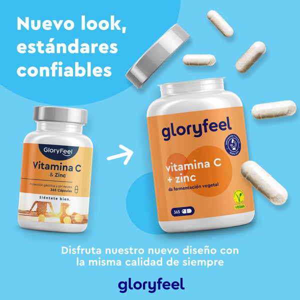 Dos frascos del producto &quot;Vitamina C + Zinc&quot; de GloryFeel GmbH España, con diseño actualizado sobre fondo azul, destacan vitamina C tamponada y citrato de zinc para reforzar el sistema inmunológico; cápsulas esparcidas. Texto en español.
