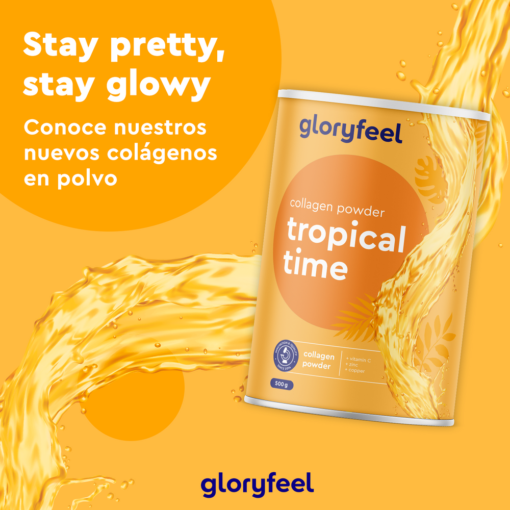 El envase de colágeno en polvo con temática tropical presenta un fondo naranja vibrante. Texto: &quot;Mantente guapa y radiante. Descubre nuestro nuevo colágeno hidrolizado y vitamina C en polvo&quot;. De GloryFeel GmbH España, presenta el sabor Tropical Time de 500 g con un toque a frutas tropicales.