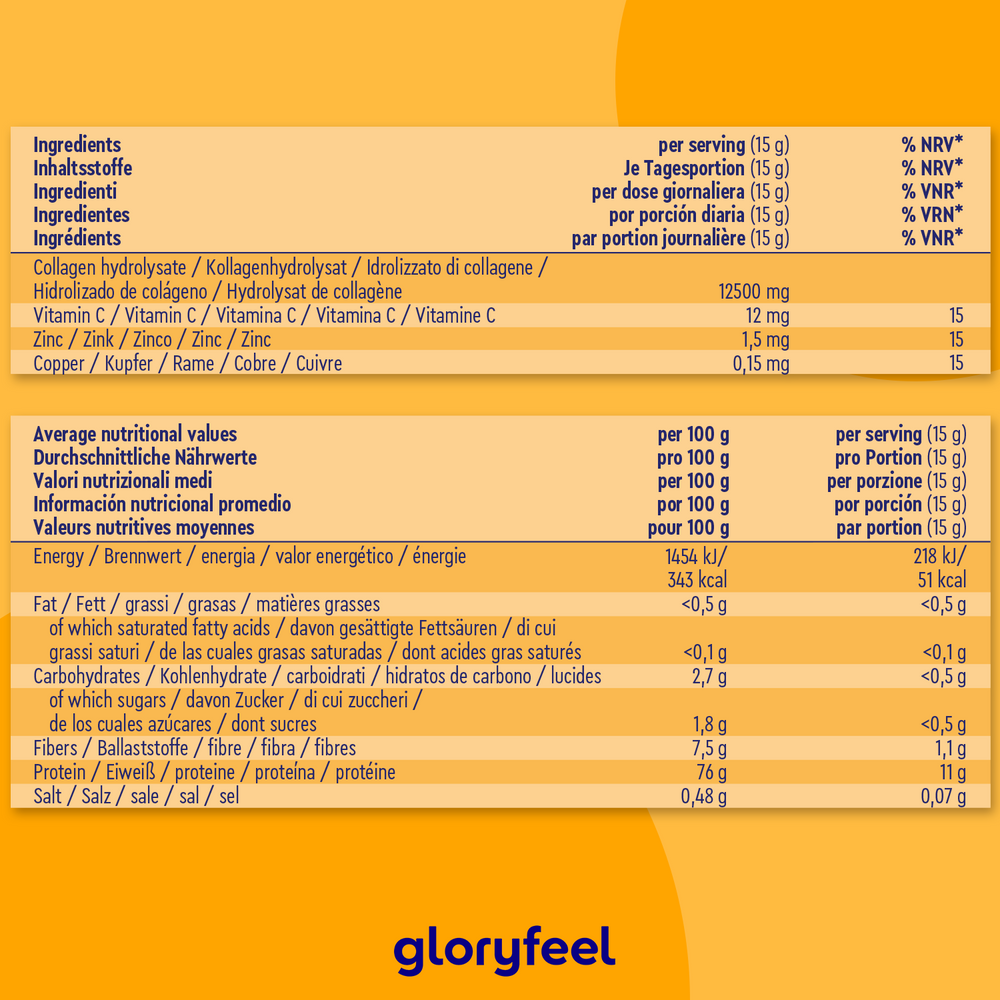 El &quot;Colágeno en polvo 500 g - Tiempo tropical - Sabor a frutas tropicales&quot; de GloryFeel GmbH España incluye una etiqueta nutricional multilingüe sobre fondo naranja y blanco que destaca los beneficios de la vitamina C. El logotipo de GloryFeel en la parte inferior garantiza autenticidad y confianza.