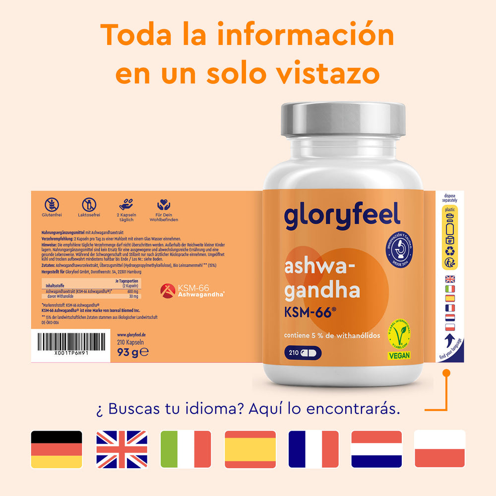 Una botella de Ashwagandha KSM-66® de gloryfeel GmbH España presenta una etiqueta multilingüe adornada con varias banderas nacionales.
