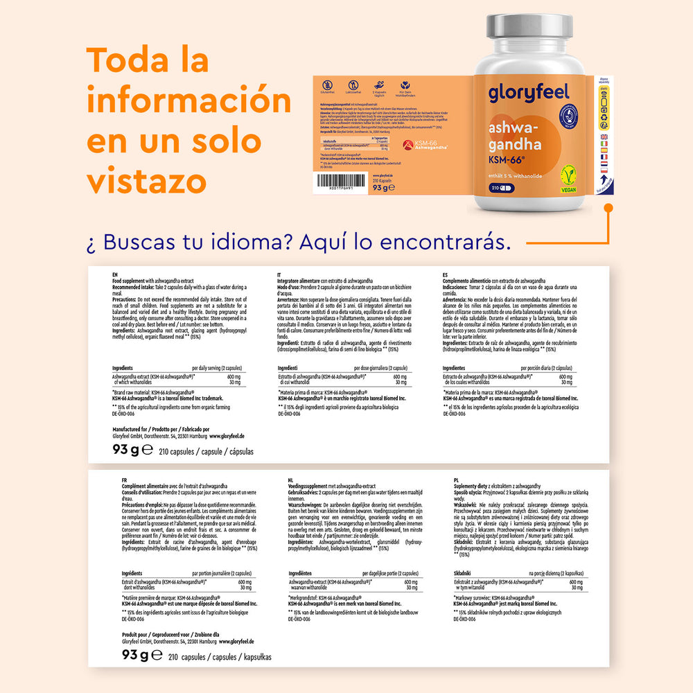 Imagen de una botella de &quot;Ashwagandha KSM-66®&quot; de gloryfeel GmbH España, con información sobre la dosis y los ingredientes en la etiqueta. El texto en español indica que hay información multilingüe disponible.