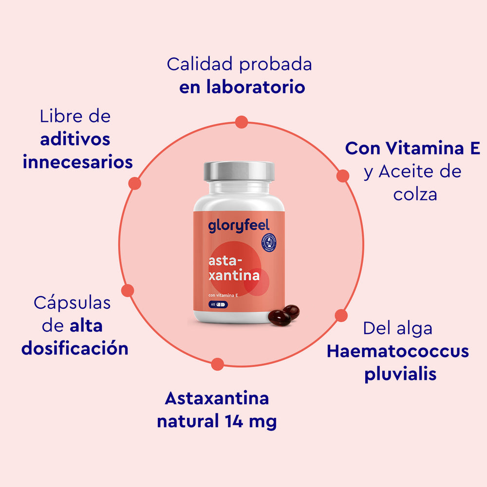 Astaxantina + Vitamina E de gloryfeel GmbH España ofrece cápsulas de alta dosis y calidad probada en laboratorio, astaxantina natural enriquecida con vitamina E y aceite de colza, todo ello sin aditivos.