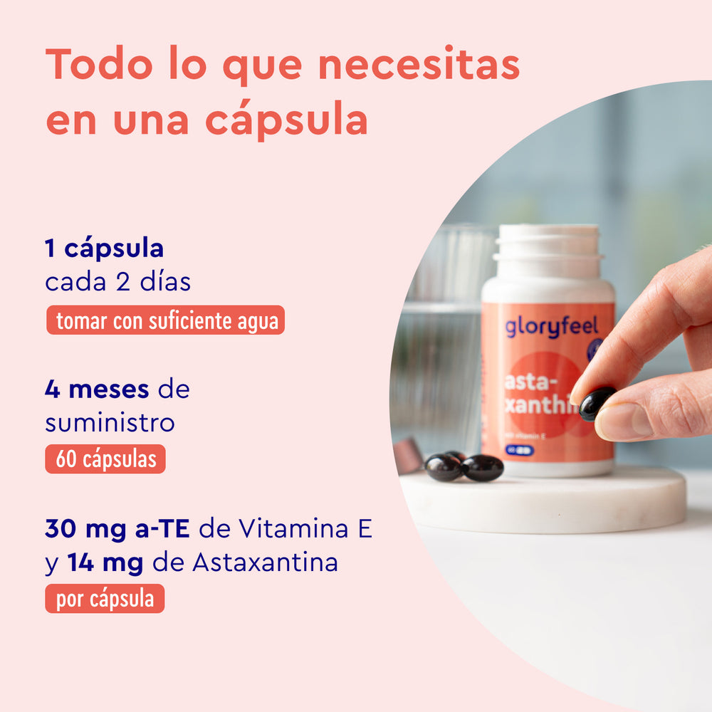 Una mano sosteniendo una cápsula delante de una botella de suplemento etiquetada &quot;gloryfeel GmbH España Astaxantina + Vitamina E&quot; con detalles del producto enumerados a la izquierda.