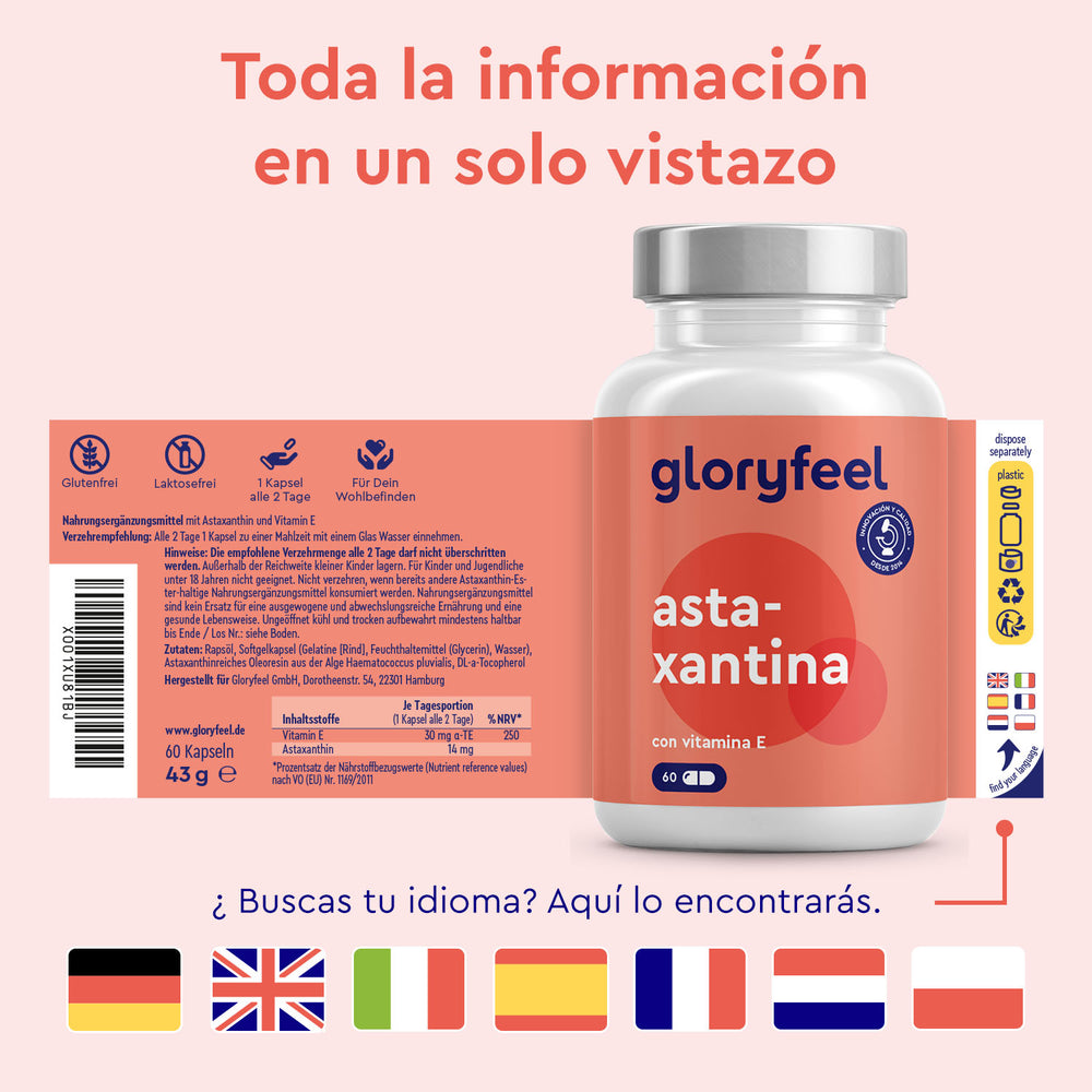 Una botella de Astaxantina + Vitamina E de gloryfeel GmbH España con detalles del envase y banderas multilingües. El texto dice: «Toda la información a simple vista».