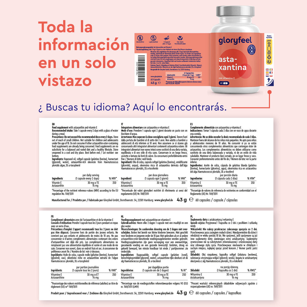 El suplemento Astaxantina + Vitamina E de gloryfeel GmbH España cuenta con un packaging con información nutricional y texto multilingüe en español, inglés, italiano y francés.