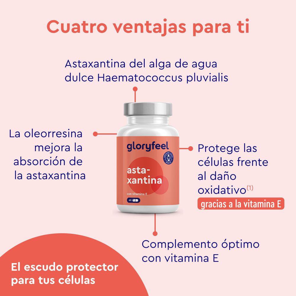 Botella de Astaxantina + Vitamina E de gloryfeel GmbH España con texto que destaca cuatro beneficios, como la protección antioxidante y el complemento óptimo de vitamina E.
