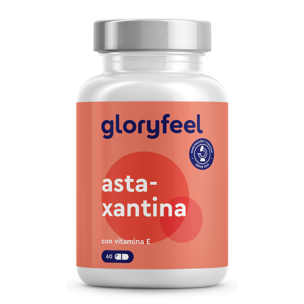 Botella de &quot;gloryfeel GmbH España&quot; etiquetada &quot;nuevo&quot; con 60 cápsulas de suplemento de Astaxantina + Vitamina E.