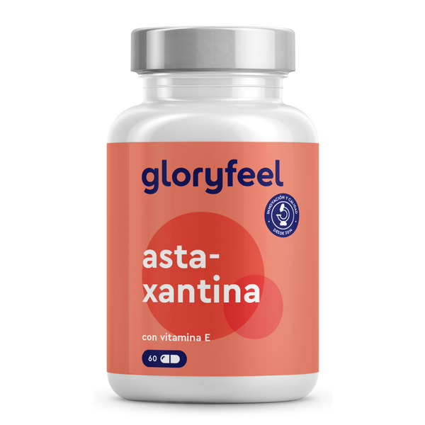 Botella de &quot;gloryfeel GmbH España&quot; etiquetada &quot;nuevo&quot; con 60 cápsulas de suplemento de Astaxantina + Vitamina E.
