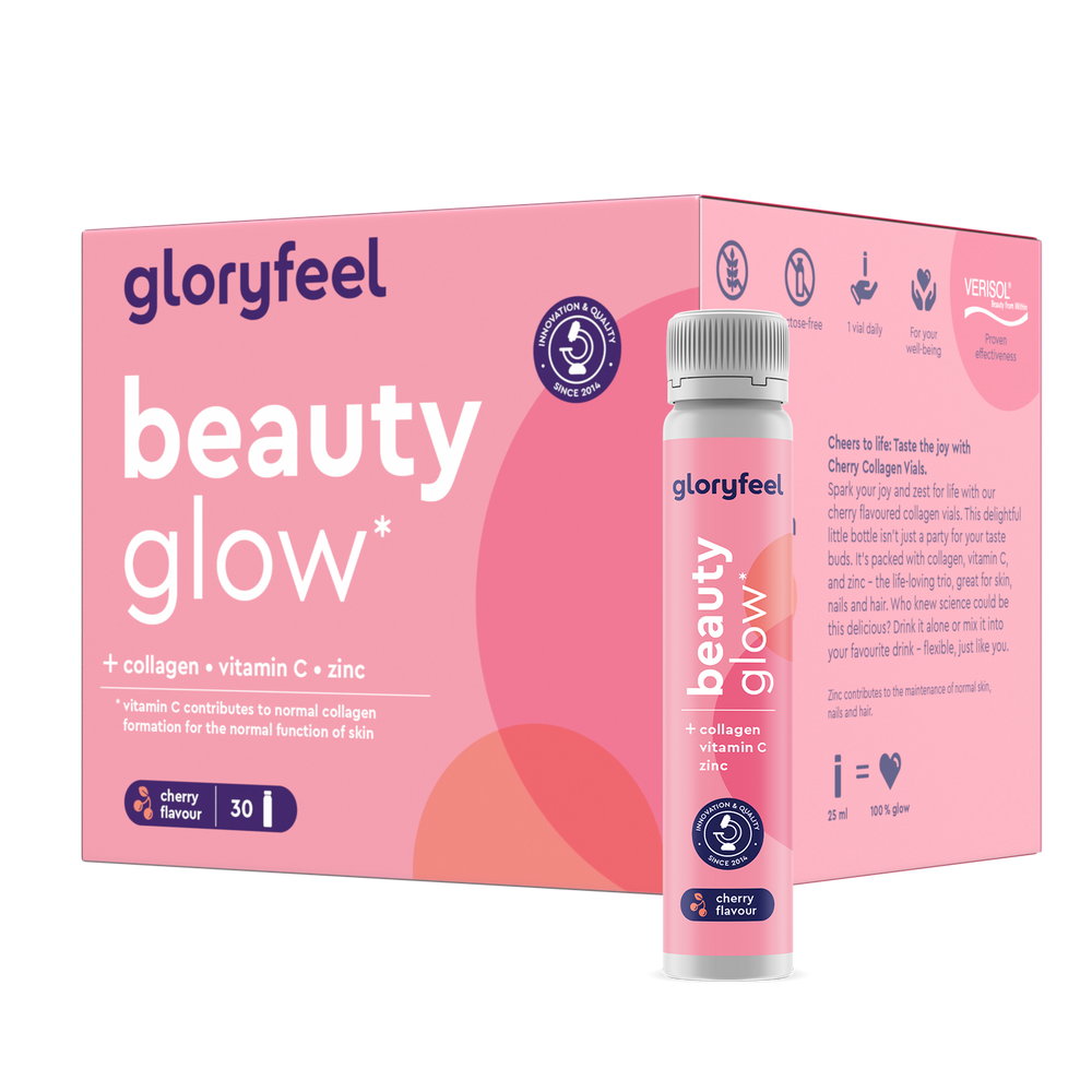Caja de Colageno bebible Beauty Glow de GloryFeel GmbH España, con colágeno VERISOL, vitamina C y zinc. Sabor a cereza, 30 unidades. Un elegante vial en la parte frontal de la caja destaca el colágeno hidrolizado para una piel radiante.