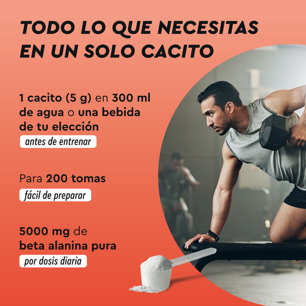 Un hombre se ejercita con una mancuerna en un gimnasio junto al texto: &quot;Beta Alanina en polvo de gloryfeel GmbH España: Mezclar 5g en 300ml de agua antes del entrenamiento, ofreciendo 200 porciones de 5000mg de beta alanina pura por dosis.
