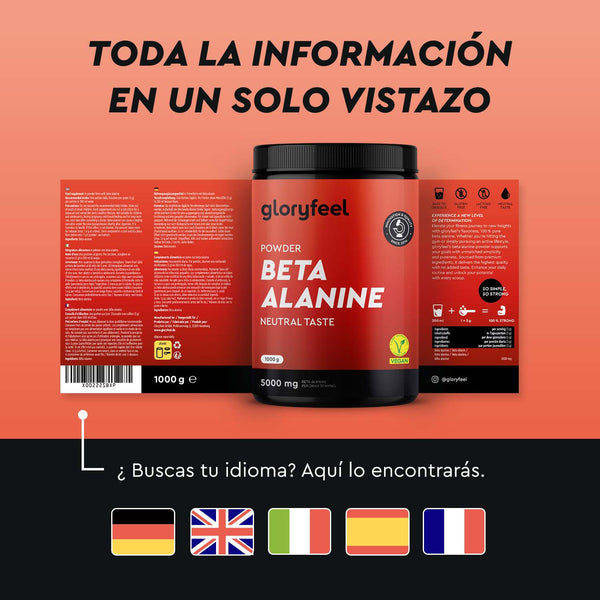 Un envase de Beta Alanina en polvo de gloryfeel GmbH España está centrado sobre un fondo de melocotón, con banderas de idioma y detalles del producto que resaltan el acceso a información multilingüe.