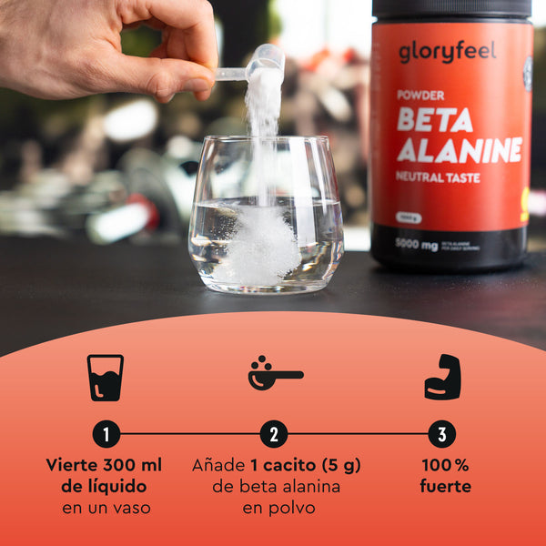 Una persona añade Beta Alanina en polvo de gloryfeel GmbH España a 300 ml de líquido: añade 1 cucharada (5 g) y mezcla bien.