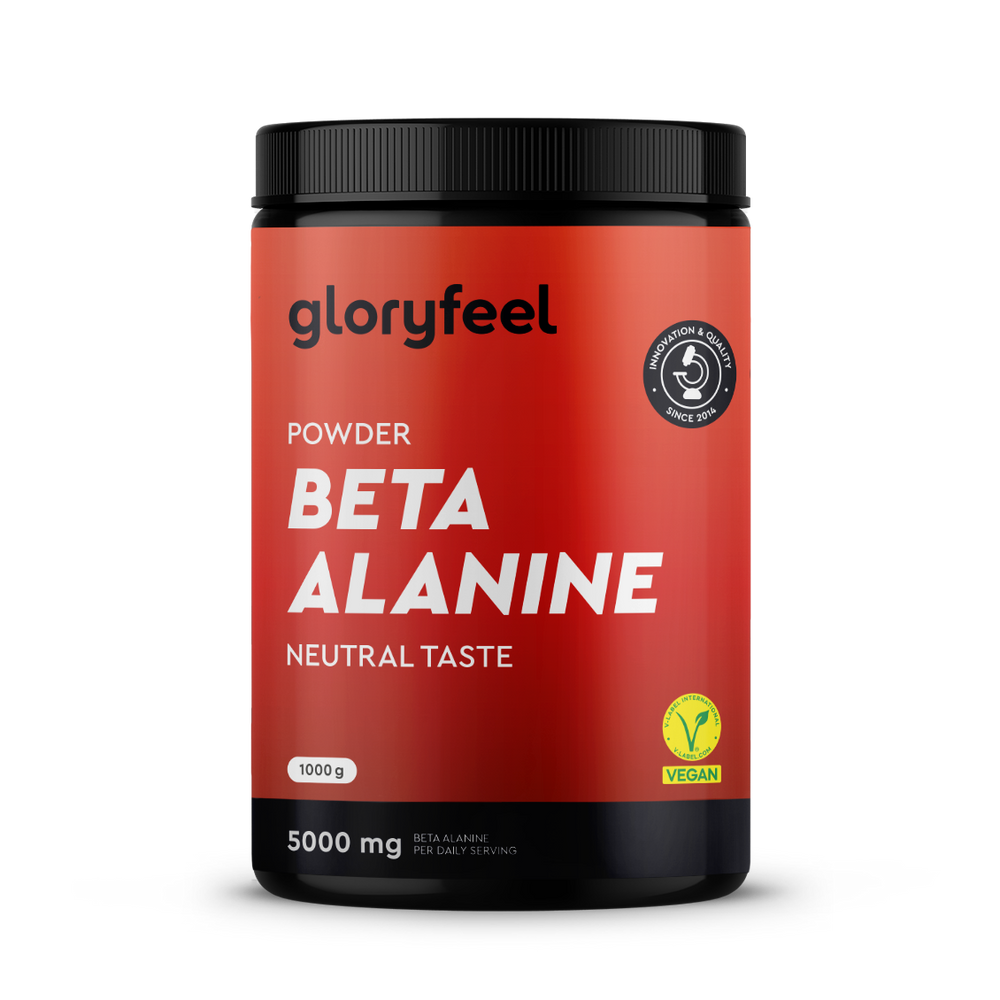 Un envase rojo de Beta Alanina en polvo de gloryfeel GmbH España, de 1000 g, con certificación vegana y sabor neutro. Se muestra una pequeña cucharada en la parte frontal.