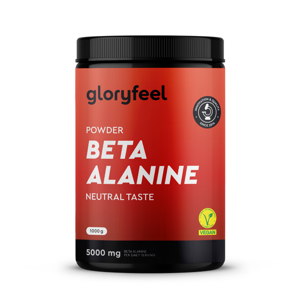 Un envase rojo de Beta Alanina en polvo de gloryfeel GmbH España, de 1000 g, con certificación vegana y sabor neutro. Se muestra una pequeña cucharada en la parte frontal.